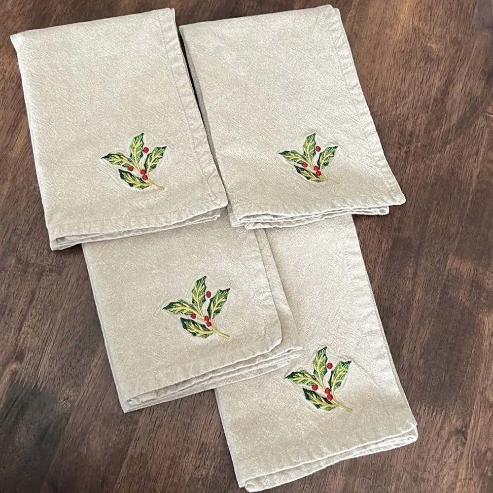 Holiday Holly Set of 4 Dinner Square Linen Napkins- Approx 17.25